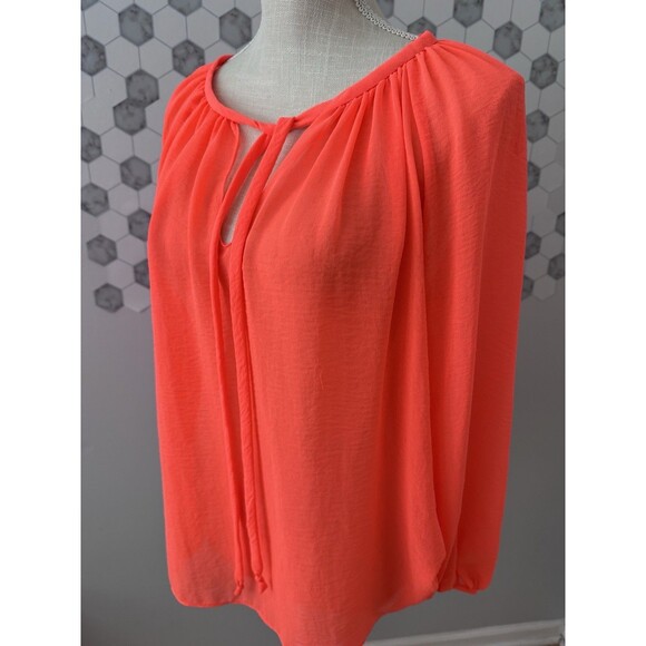 Vince Camuto Neon Orange Sheer Tie Blouse Size Small - Picture 2 of 8